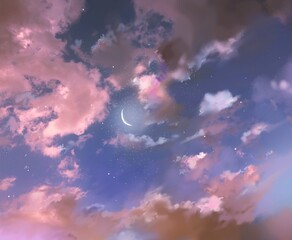 Cloudscape with crescent moon in the night sky	