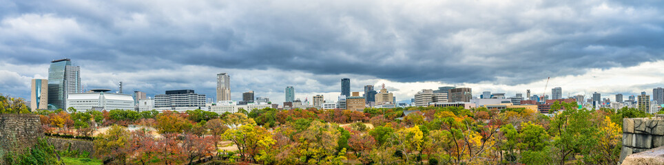 Canvas Print - Panorama of Osaka city skyline seen from Osaka Castle. Japan 