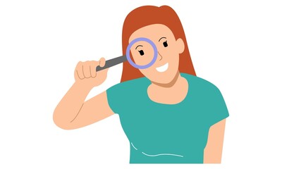 Wall Mural - Young woman or girl holding a magnifying glass. Person showing magnifying glass search