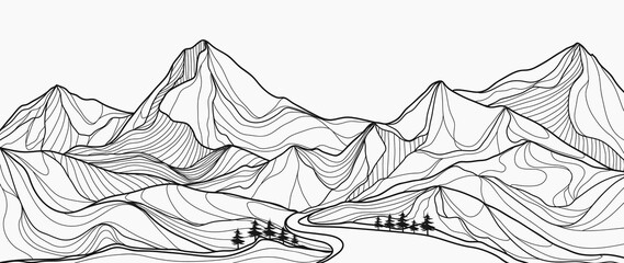 Wall Mural - Mountain line art background, Black and white landscape wallpaper design for cover, invitation background, packaging design, wall art and print. Vector illustration.