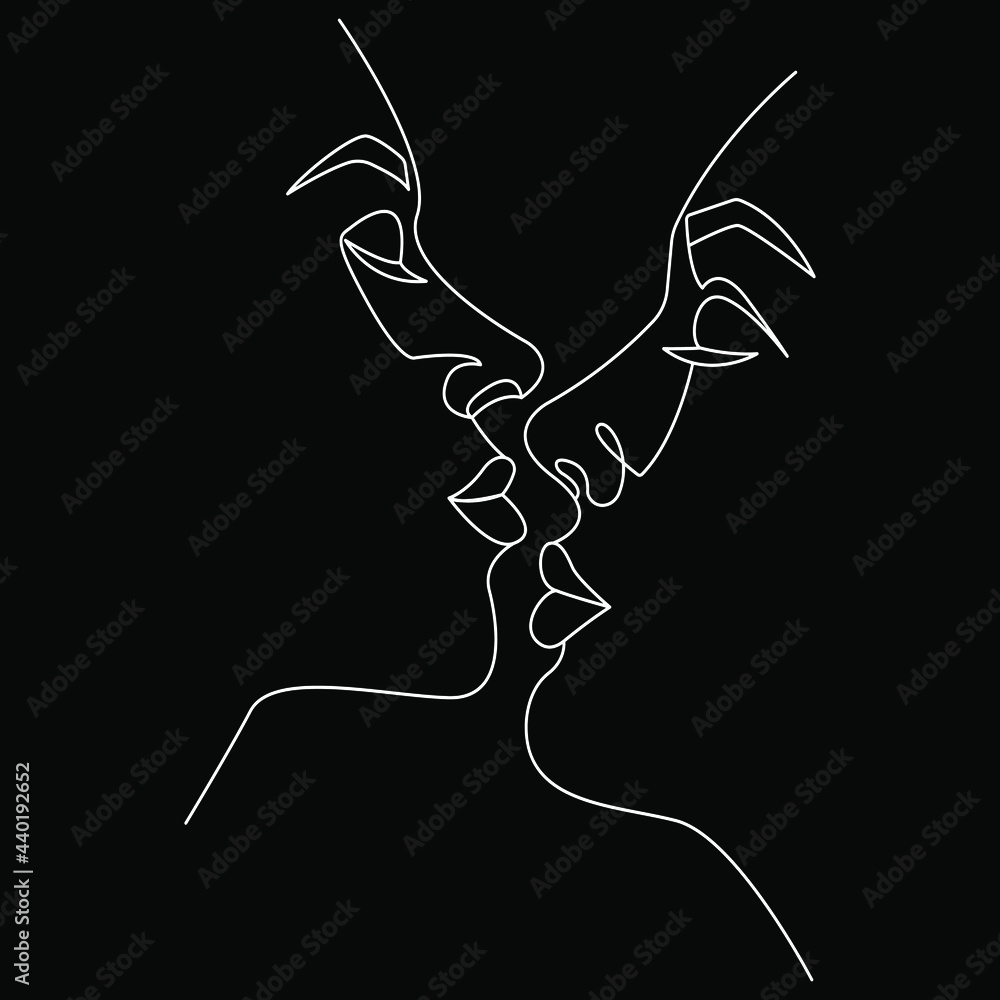 Minimalist silhouette of two people kissing. Couple in love. Black and  white illustration. Black background. One line drawing. Stock Vector |  Adobe Stock, image size:1000x1000