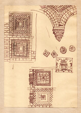 Ceramics Decor Elements Of The Antique Brick Wall Architrave In The Old Russian And Byzantine Architectural Style. Brown Colored Doodle Ink And Pen Sketch Drawing On A Beige Aged Paper 