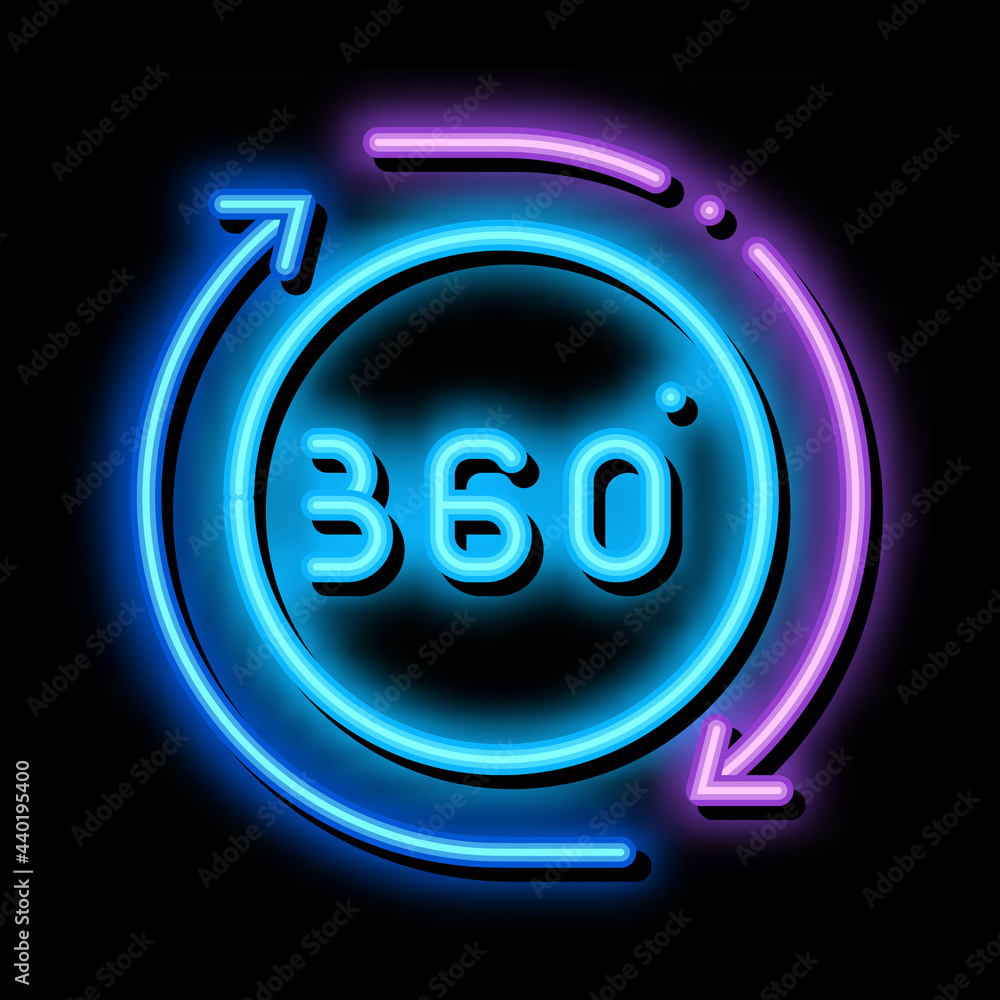 360 degree view neon light sign vector. Glowing bright icon 360 degree ...