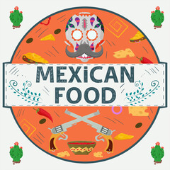 Wall Mural - Banner label round illustration in a flat design on the theme of Mexican food inscription name skull pistols with hot sauce cheese chili pepper in a circle