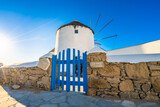 Closeup view of famous windmill of Mykonos island, Greece 
