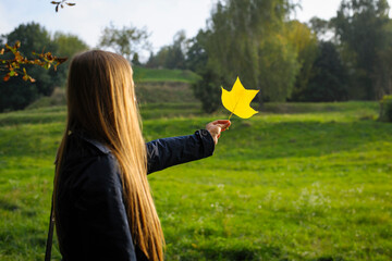 Woman holds a yellow maple leave at arm's length in autumn park. Maple leave in a woman's hand glow in the sun. girl in autumn park with leaf in hand back view