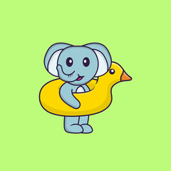 Cute elephant With Duck buoy. Animal cartoon concept isolated. Can used for t-shirt, greeting card, invitation card or mascot. Flat Cartoon Style