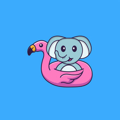 Cute elephant With flamingo buoy. Animal cartoon concept isolated. Can used for t-shirt, greeting card, invitation card or mascot. Flat Cartoon Style