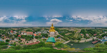 360 Degrees Panorama Aerial View Of Big Ancient Golden Mediated Buddha At Wat Muang Temple, Ang Thong Province, Thailand, Drone High Angle Top View