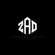 ZAD letter logo design with polygon shape. ZAD polygon logo monogram. ZAD cube logo design. ZAD hexagon vector logo template white and black colors. ZAD monogram, ZAD business and real estate logo. 