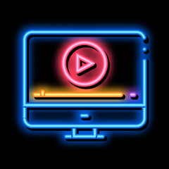 Sticker - watch movie on computer neon light sign vector. Glowing bright icon watch movie on computer sign. transparent symbol illustration