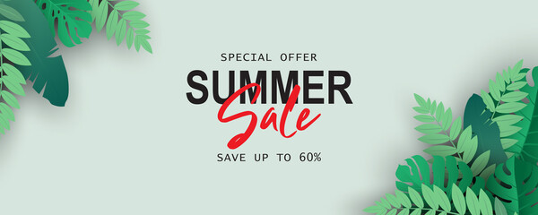 Poster - Summer sale banner with tropical leaf theme