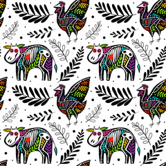 Wall Mural - Vector colorful seamless pattern. Dia de los Muertos, Day of the dead or Halloween concept. Cow and chicken. Farm animals skeletons, with leaves, isolated on white background