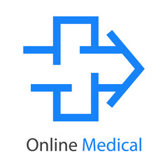 Sticker - Logotipo con texto Online Medical con cruz con forma de flecha con lineas en color azul 