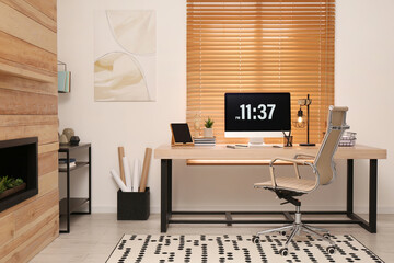 Sticker - Room interior with comfortable workplace. Modern computer on wooden desk