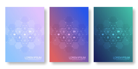 Template brochure or cover book, page layout, flyer design. Concept and idea for health care business, innovation medicine, pharmacy, technology. Medical background with flat icons and symbols
