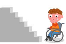 A Disabled Boy In A Wheelchair Cries Sadly While Looking At A Flight Of Stairs, Vector Cartoon Illustration