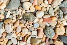 Summer Background Pattern Sea Pebbles. Close-up, Top View.
