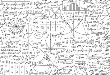 mathematical scientific vector seamless pattern with handwritten equations, formulas and calculation