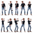 © sharplaninac - Set of rock music singer various singing on microphone having concert. Full body people isolated on white background.