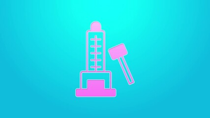 Sticker - Pink line High striker attraction with big hammer icon isolated on blue background. Attraction for measuring strength. Amusement park. 4K Video motion graphic animation