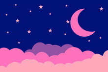 Flat Style Illustration Pink Moon Stars Clouds Background Design. Good To Use For Banner, Social Media Template, Poster And Flyer Template, Etc.