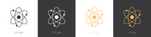 Atom Logos Set Isolated On White Background. Structure Of The Nucleus Of The Atom. Around The Atom, Gamma Waves, Protons, Neutrons And Electrons. Vector Illustration