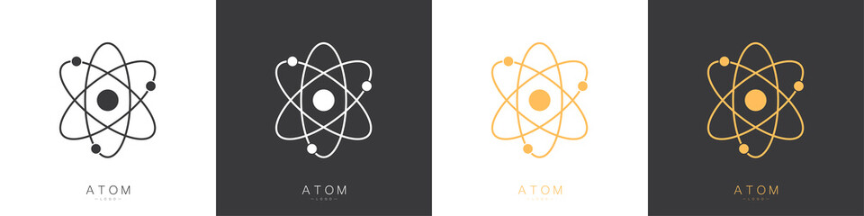 Atom logos set isolated on white background. Structure of the nucleus of the atom. Around the atom, gamma waves, protons, neutrons and electrons. Vector illustration