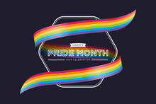Happy Pride Month Text And Rainbow Pride Ribbon Roll Wave Around Rounded Hexagon Frame And Dark Background Vector Design