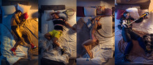 Top View Of Young Professional Male And Female Sportsmen Sleeping At His Bedroom In Sportwear. Collage