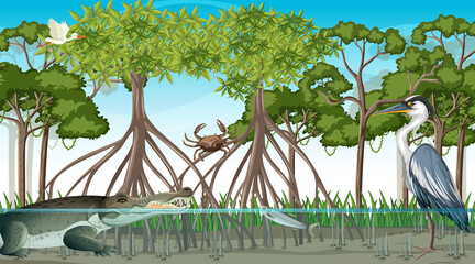 Wall Mural - Mangrove forest scene with different animals