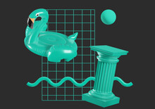 Flamingo Greek Style Shape Object Retro Wave Vapor Background Concept. 