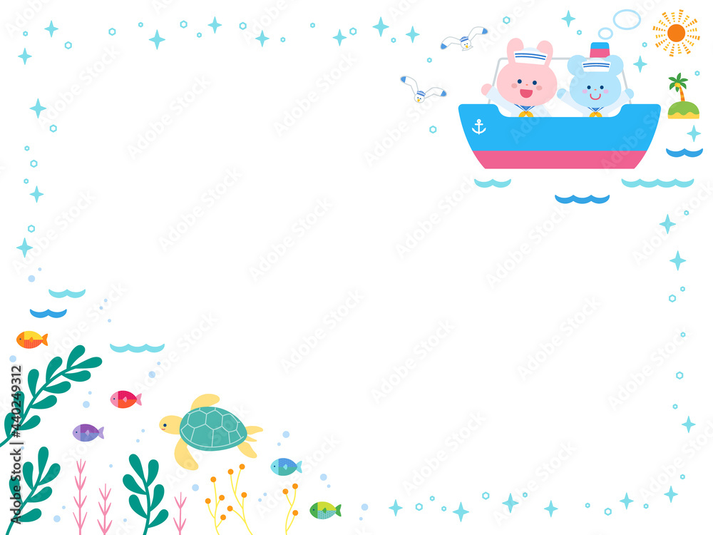 夏の海と船と動物たち かわいいフレーム Wall Mural M Tsukasa 夏の海と船と動物たち かわいいフレーム Wall Mural M Tsukasa
