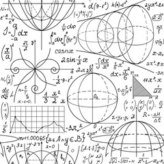 Wall Mural - math vector seamless background with formulas, calculations, figures, plots and handwritten equation
