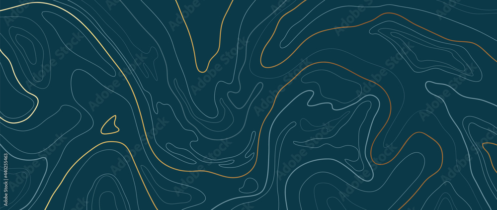 Luxury gold abstract line art background vector.  Mountain topographic map background with golden lines  texture, 17:9 wallpaper design for wall arts, fabric , packaging , web, banner, app, wallpaper. - obrazy, fototapety, plakaty 