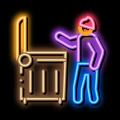 Poster - homeless looking food in trash can neon light sign vector. Glowing bright icon homeless looking food in trash can sign. transparent symbol illustration