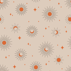 Wall Mural - seamless pattern with sun and moon. bohemian contemporary composition. boho wall decor. mid century 