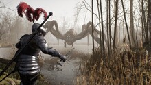 A Brave Medieval Knight Prepares To Fight A Lake Monster That Looks Like A Spider. Mystical Nightmare Concept. The Image For Fantasy, Mystical Or Horror Backgrounds. 3D Rendering.