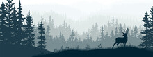 Horizontal Banner. Silhouette Of Deer Standing On Meadow In Forrest. Silhouette Of Animal, Trees, Grass. Magical Misty Landscape, Fog. Blue And Gray Illustration. Bookmark.