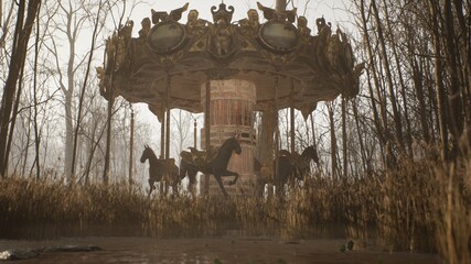 An old abandoned merry-go-round is spinning in the autumn mystical white forest. The concept of an abandoned park after the apocalypse. 3D Rendering.