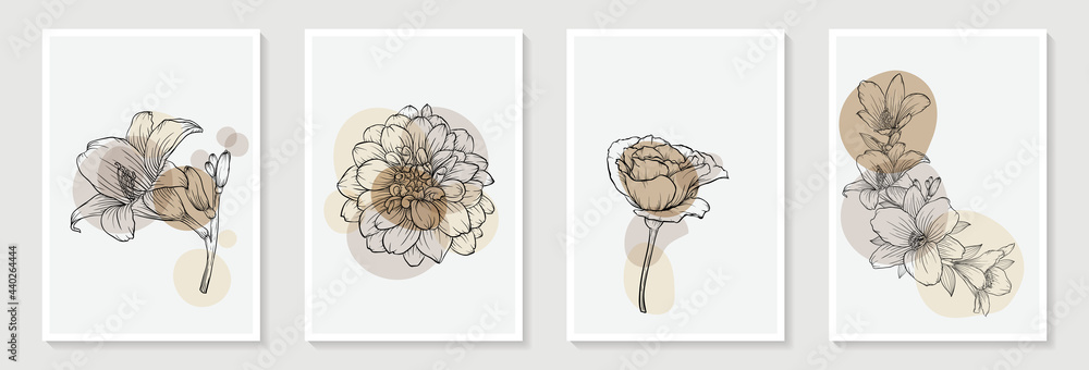 Set of creative minimalist hand draw illustrations rose floral outline pastel biege simple shape and brush stroke for wall decoration, postcard or brochure cover design - obrazy, fototapety, plakaty 