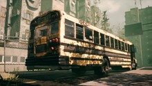 An Old Abandoned Rusty School Bus Stands In The Middle Of The Road In A Deserted City. The Image For Historical, Retro And Fiction Backgrounds. 3D Rendering. View Of The Apocalyptic City.