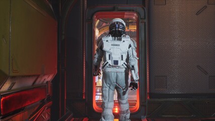 Canvas Print - the astronaut leave the control room and walk along the corridor of the interstellar spacecraft. the