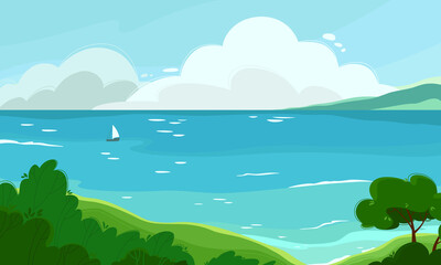 Seascape with clouds, sailing ship, mountains, greenery and tree. Vector colorful illustration on the marine theme. Horizontal landscape.