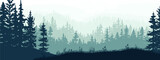 Horizontal banner of forest and meadow, silhouettes of trees and grass. Magical misty landscape, fog. Blue and gray illustration. Bookmark. 