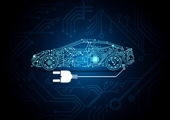 Canvas Print - electric car, battery car with circuit board illustration