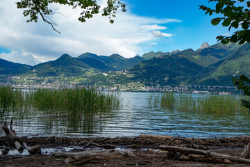 Wall Mural - Natural shore of Lake Geneva, Switzerland, with view to Montreux