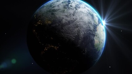 Wall Mural - sunrise and shadow on the earth rotate in space with star in universe. world realistic atmosphere 3d