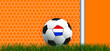 Goalpost, and goal net texture for ball in goal. Soccer ball or football witht flag of the Netherlands Vector orange background banner. wk, ek play model. Sport finale. Holland, duch 2020, 2021, 2022