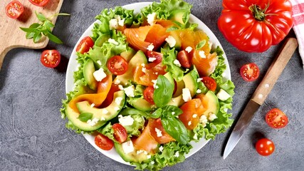 Wall Mural - vegetable salad with smoked salmon, avocado and tomato